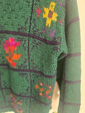 IVY Hand Knit Forest Green Multi Colored Sweater Size L